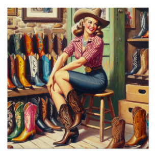 Vintage Western Retro Cowgirl Boot Shopping Poster