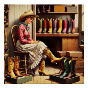 Vintage Western Retro Cowgirl Boot Shopping Poster