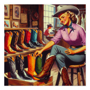 Vintage Western Retro Cowgirl Boot Shopping Poster