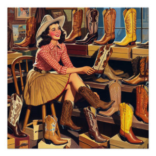 Vintage Western Retro Cowgirl Boot Shopping Poster