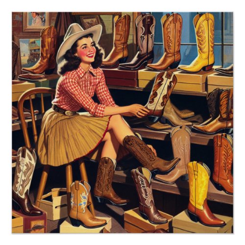 Vintage Western Retro Cowgirl Boot Shopping  Poster