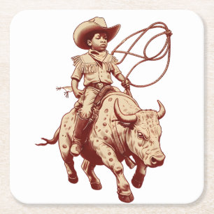 Vintage Western Ride Proud Little Cowboy Square Paper Coaster