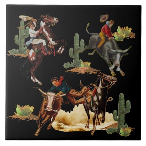 Vintage Western Rodeo Events Cowboy Cowgirl    Ceramic Tile