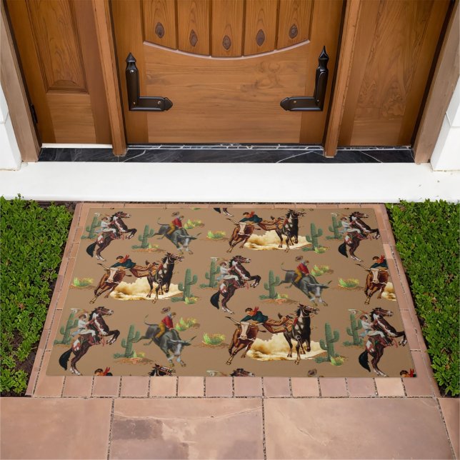 Vintage Western Rodeo Events Cowboy Cowgirl Doormat (Outdoor)