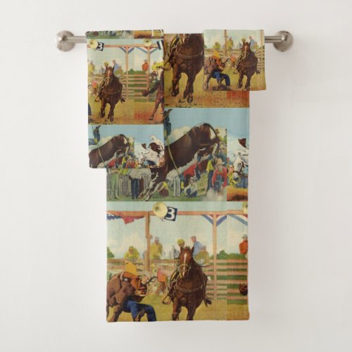 Vintage Western Rodeo Events Cowboys Horses Bulls Bath Towel Set