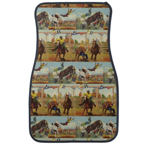 Vintage Western Rodeo Events Cowboys Horses Bulls Car Floor Mat