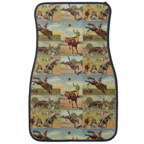 Vintage Western Rodeo Events Cowboys Horses Bulls Car Floor Mat