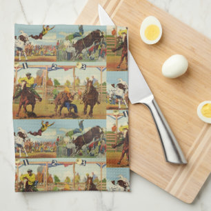 Vintage Western Rodeo Events Cowboys Horses Bulls Kitchen Towel