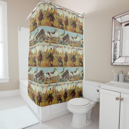 Vintage Western Rodeo Events Cowboys Horses Bulls  Shower Curtain