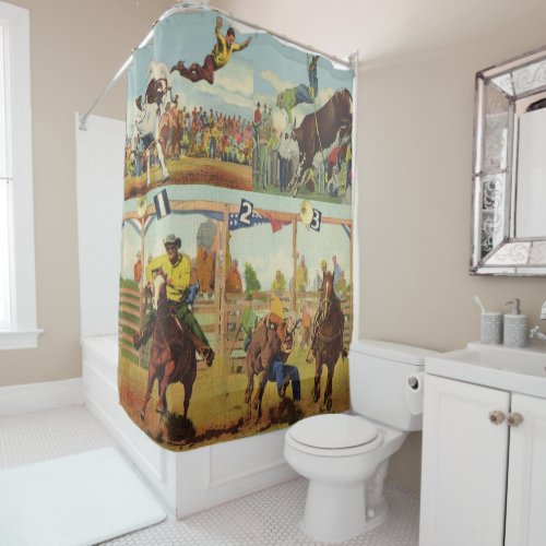 Vintage Western Rodeo Events Cowboys Horses Bulls Shower Curtain