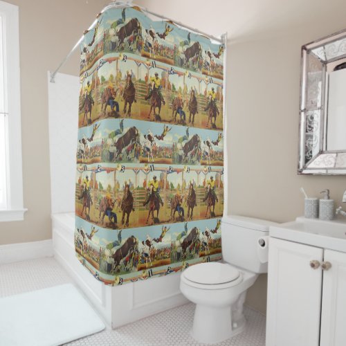 Vintage Western Rodeo Events Cowboys Horses Bulls  Shower Curtain