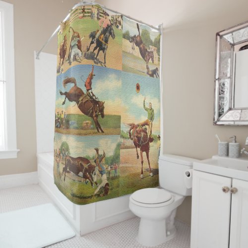 Vintage Western Rodeo Events Cowboys Horses Bulls Shower Curtain