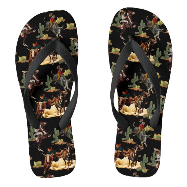 Vintage Western Rodeo Events Cowgirl Cowboy  Flip Flops (Footbed)