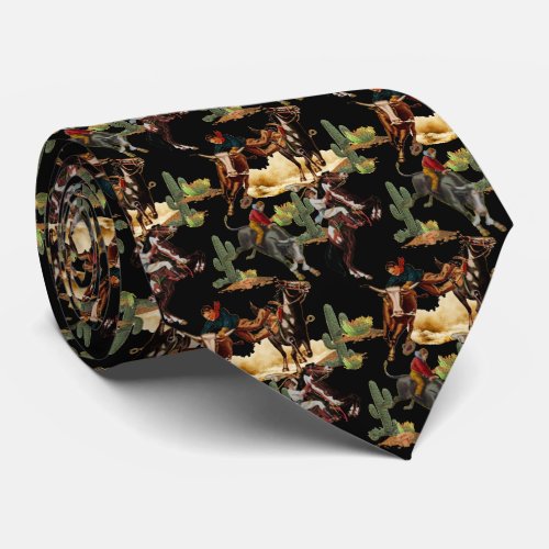 Vintage Western Rodeo Events Cowgirl Cowboy     Neck Tie