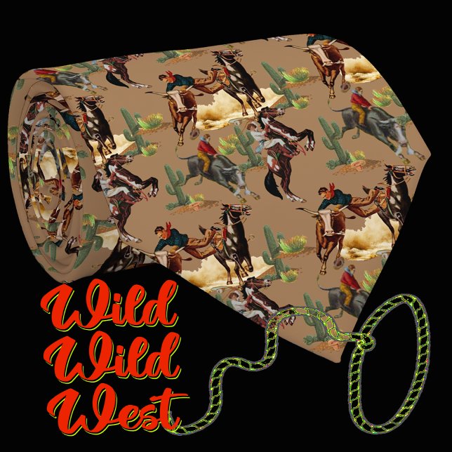 Vintage Western Rodeo Events Cowgirl Cowboy     Neck Tie (Western necktie with vintage western rodeo events bull riding, steer wrestling , cowgirl on horse)