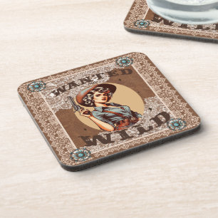 Vintage Western Wanted and Wild Cowgirl Beverage Coaster