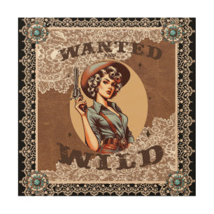 Vintage Western Wanted and Wild Cowgirl Wood Wall Art