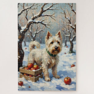 Vintage Westie in Snowy Winter Orchard Christmas Jigsaw Puzzle