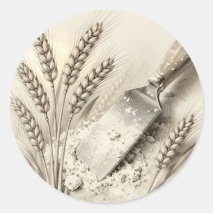 Vintage Wheat Stalks Flour Dough Scraper Illustrat Classic Round Sticker