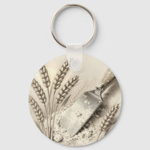 Vintage Wheat Stalks Flour Dough Scraper Illustrat Keychain