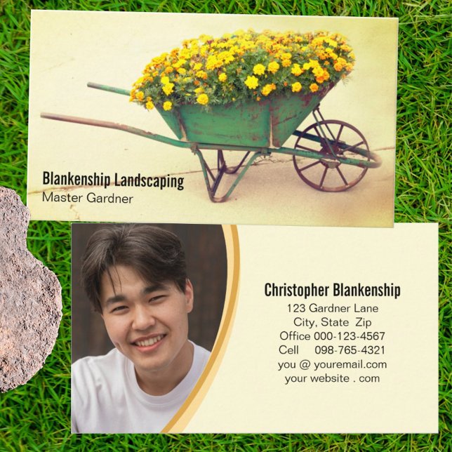 Vintage Wheelbarrow Flowers Gardener Custom Photo Business Card (Creator Uploaded)