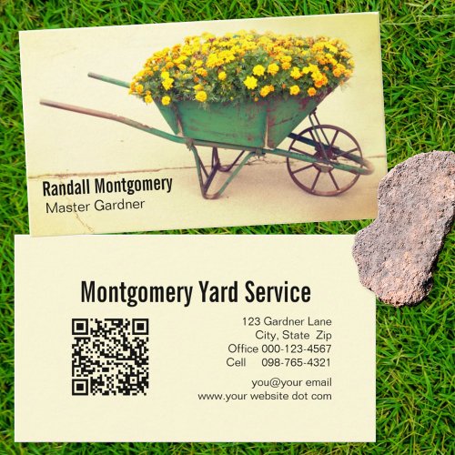 Vintage Wheelbarrow Flowers Gardener QR Code Business Card