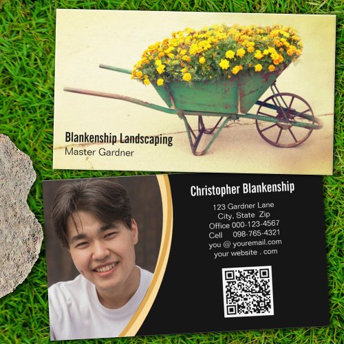Vintage Wheelbarrow Flowers QR Code Custom Photo  Business Card