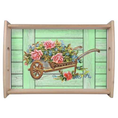 Vintage Wheelbarrow with Pink Roses Serving Tray