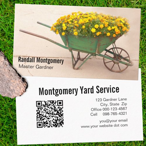 Vintage Wheelbarrow Yellow Flower Gardener QR Code Business Card