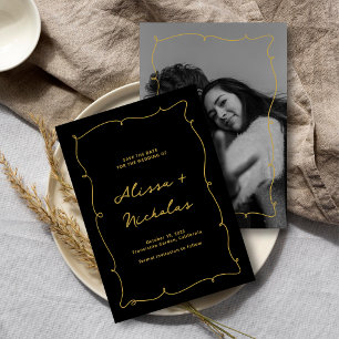 Vintage Whimsical Black and Gold Photo Wedding Save The Date