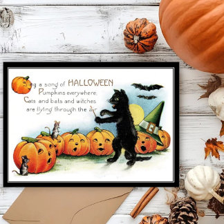 Vintage Whimsical Black Cat & Mice Halloween Card