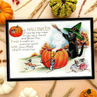 Vintage Whimsical Black Cat Witch & Mice Halloween Card