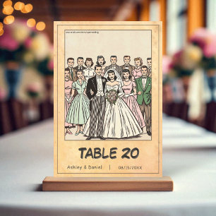 Vintage Whimsical Bride and Groom Comic Wedding Table Number