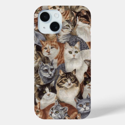 Vintage Whimsical Cat Pattern Apple iPhone 15 Case