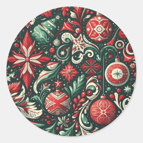 VintageWhimsicalChristmasRed  Green  Classic Round Sticker