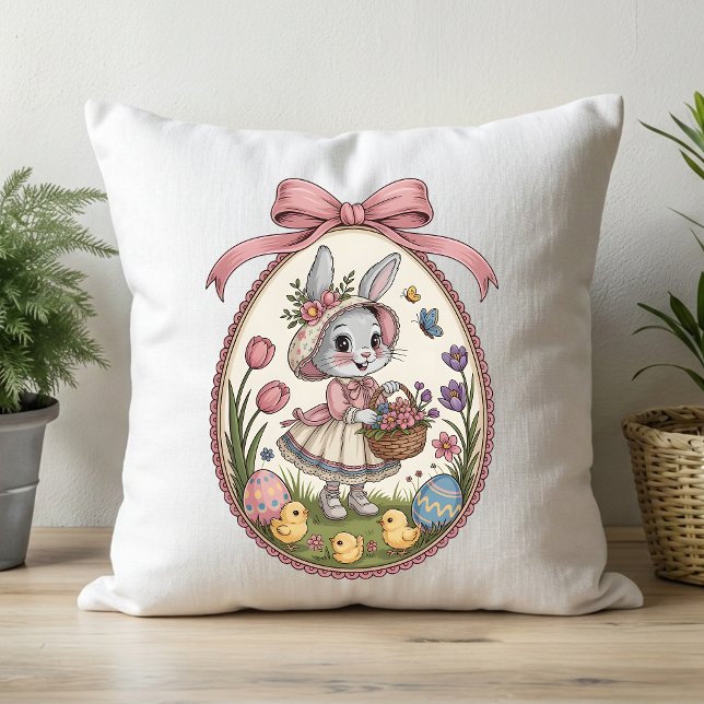Vintage Whimsical Easter Bunny Floral Throw Pillow (Creator Uploaded)