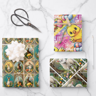 Vintage Whimsical Easter. Easter Lamb, Easter Wrapping Paper Sheets