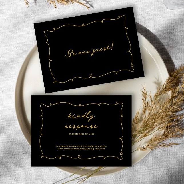 Vintage Whimsical Elegant Black and Gold Wedding RSVP Card (Creator Uploaded)