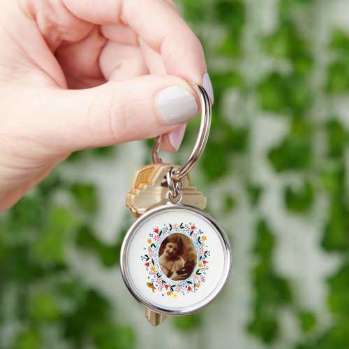 Vintage Whimsical Floral Cat Photo Keychain