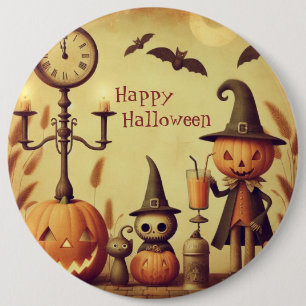 Vintage, whimsical Halloween pumpkins & bats Button