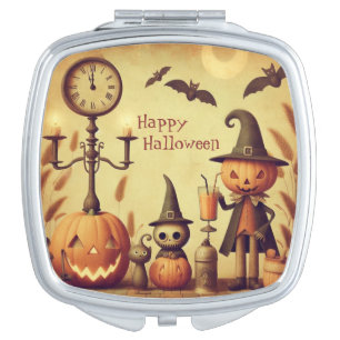 Vintage, whimsical Halloween pumpkins & bats Compact Mirror
