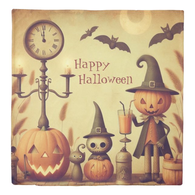 Vintage, whimsical Halloween pumpkins & bats Duvet Cover (Front)