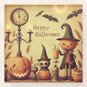 Vintage, whimsical Halloween pumpkins & bats Glass Coaster