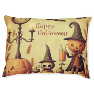 Vintage, whimsical Halloween pumpkins & bats Pet Bed