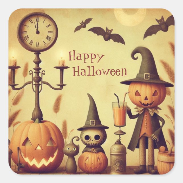 Vintage, whimsical Halloween pumpkins & bats Square Sticker (Front)