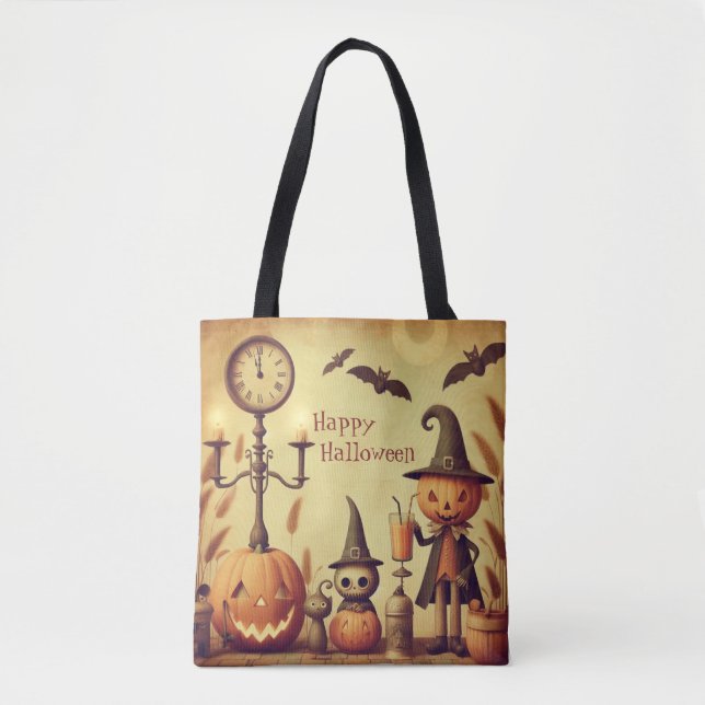 Vintage, whimsical Halloween pumpkins & bats Tote Bag (Front)