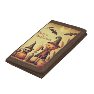 Vintage, whimsical Halloween pumpkins & bats Tri-fold Wallet