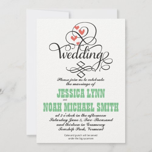 Vintage Whimsical Hearts Green Coral Invitation