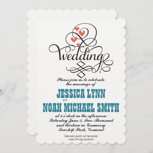 Vintage Whimsical Hearts Teal and Coral Invitation