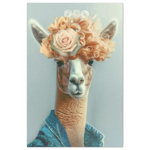 Vintage Whimsical Llama with Flowers Decoupage Tissue Paper